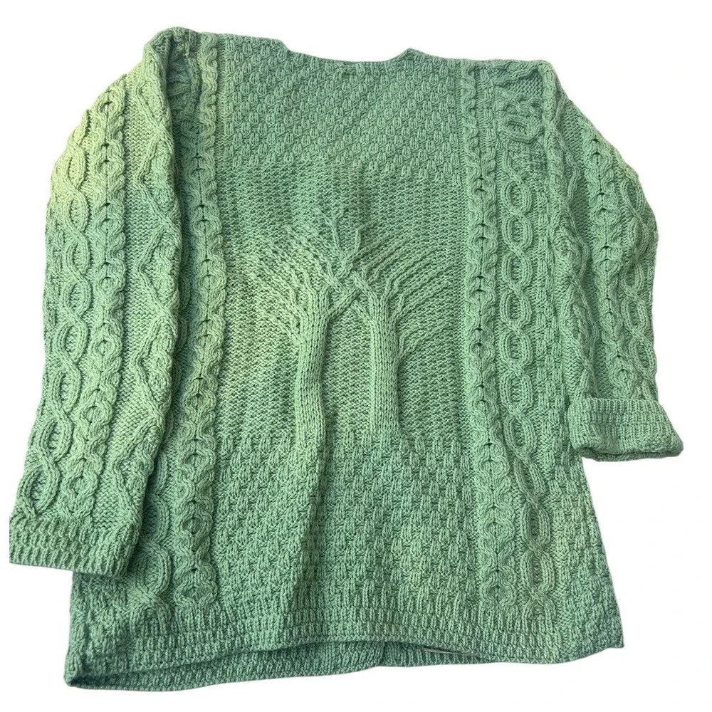 Kilronan Ireland Merino Wool Tree of Life Aran Cardigan Green Cable Knit M